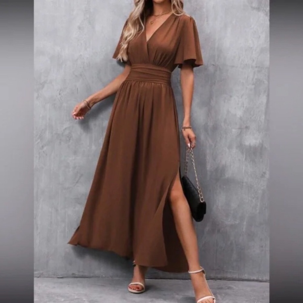 Luxe Surplice Butterfly Sleeve Shirred Stretchy Waist Maxi Dress